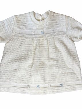 Vintage Nanette Baby Knit Dress Ivory Embroidered Flowers Short Sleeve 12-18M